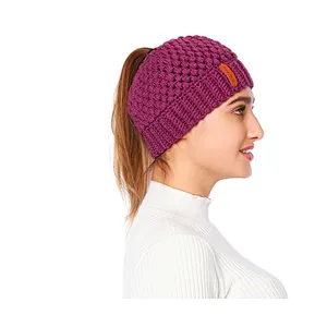 Winter Ladies Pure Color Ponytail Knitted Hat Fashion Hollow Ear Protection Woolen Hat