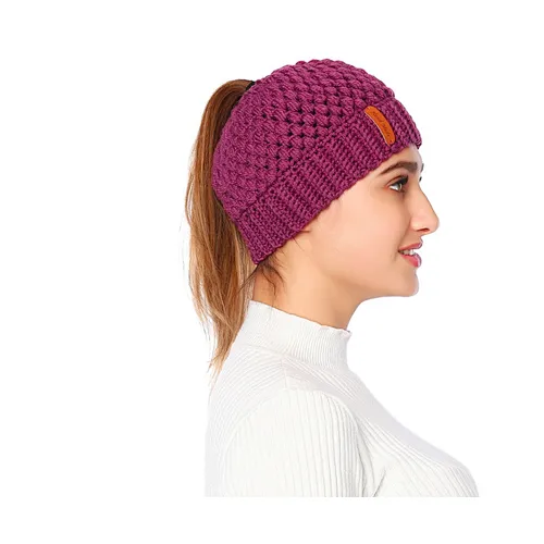 Winter Ladies Pure Color Ponytail Knitted Hat Fashion Hollow Ear Protection Woolen Hat