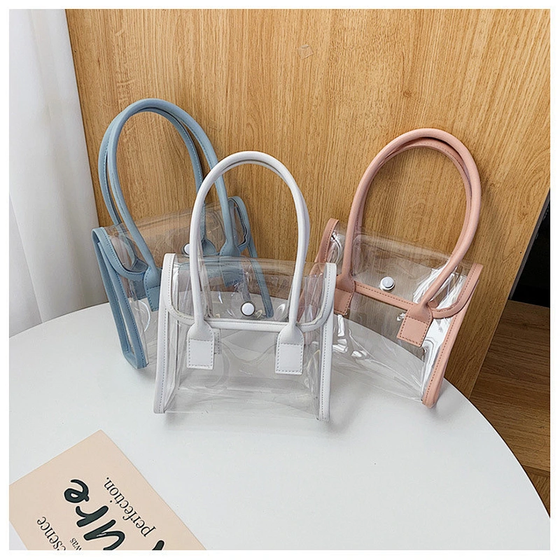Custom Simple Design Women Handle Waterproof Clear Transparent Pvc Plastic Ladies Tote Shoulder Bag