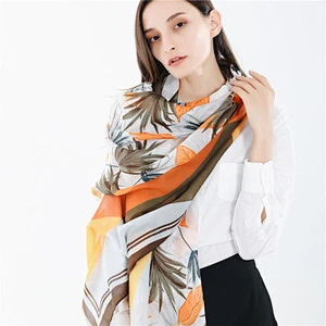 Leaf print scarves ladies long tassel ethnic style low price polyester silk scarf printed shawl for women