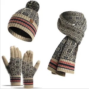 New Winter Knit Hat New Jacquard Print Warm Acrylic Hat Scarf Touch Screen Gloves 3 Pieces Set