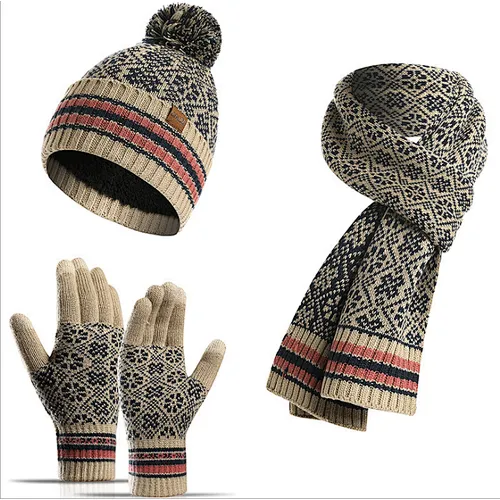 New Winter Knit Hat New Jacquard Print Warm Acrylic Hat Scarf Touch Screen Gloves 3 Pieces Set