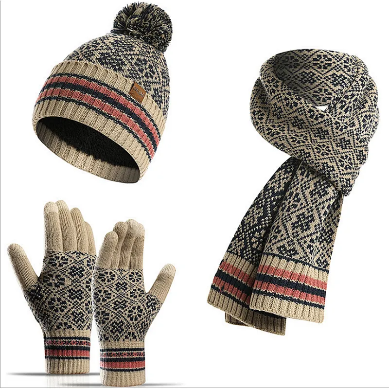 New Winter Knit Hat New Jacquard Print Warm Acrylic Hat Scarf Touch Screen Gloves 3 Pieces Set