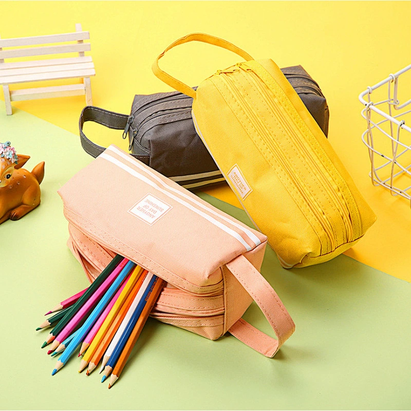 Creative Striped Double Canvas Pencil Case Student Multi-Function Solid Color Storage Stationery Box