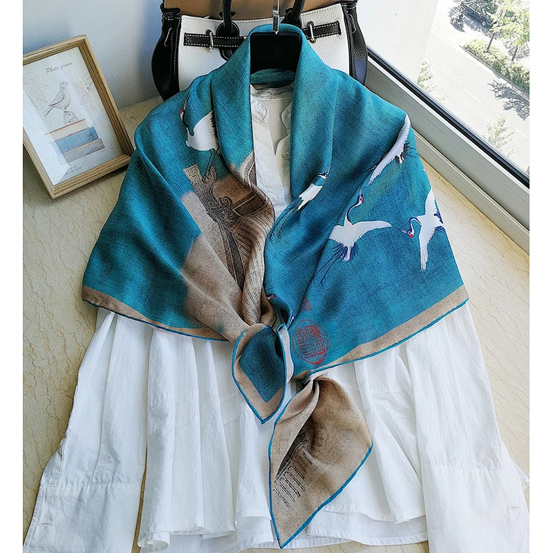 Ancient Calligraphy Painting Style Silk Scarf For Ladies Lightweight Square Silk Head Scarf