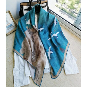 Ancient Calligraphy Painting Style Silk Scarf For Ladies Lightweight Square Silk Head Scarf