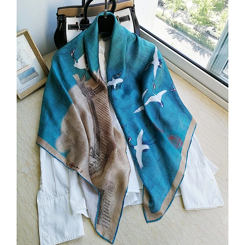 Ancient Calligraphy Painting Style Silk Scarf For Ladies Lightweight Square Silk Head Scarf