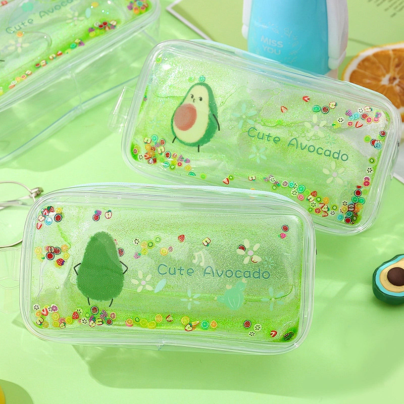 Cute Cartoon Peach Transparent Quicksand Pencil Case Avocado Portable Cosmetic Bag Pencil Case