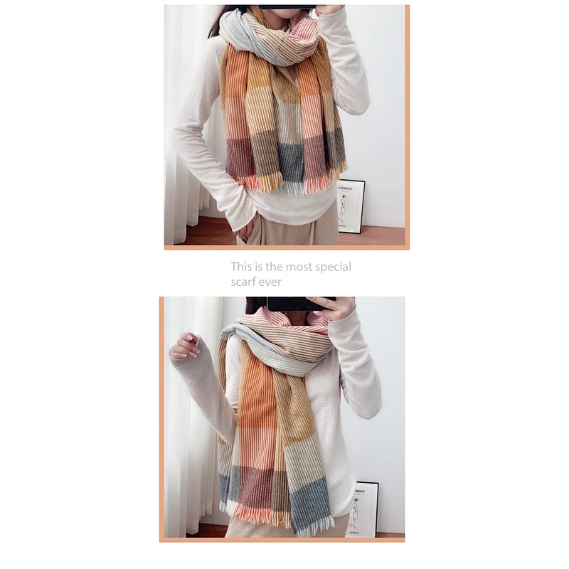 Best Selling Stripes Lattice Cashmere Scarf Women Europe America Thickened Warmth Double-Sided Shawl