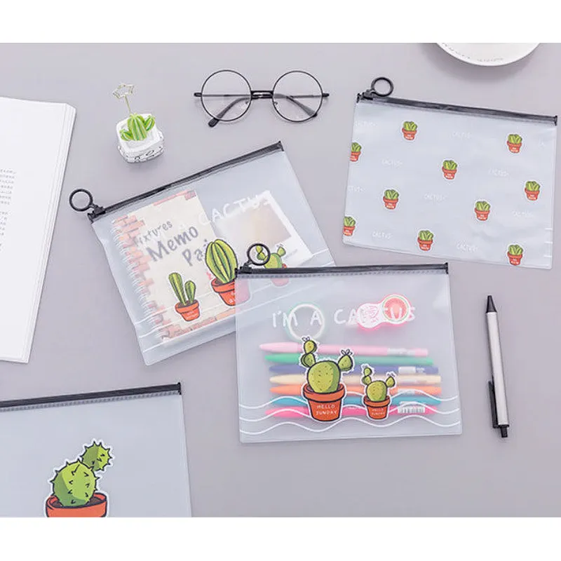 Custom Pattern Wholesale PVC Waterproof Cartoon Cactus Kawaii Pvc Pencil Bag Document Bag