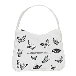 Spring Women Small Handbag Butterfly Print Canvas Tote Ladies' Fashion Underarm Bag Zipper Half Moon Bags Cloth Purse