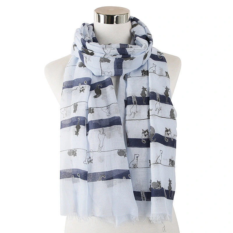 New Fresh Style Japanese Korean Striped Cat Animal Polyester Scarf Large Size Travel Sunscreen Shawl