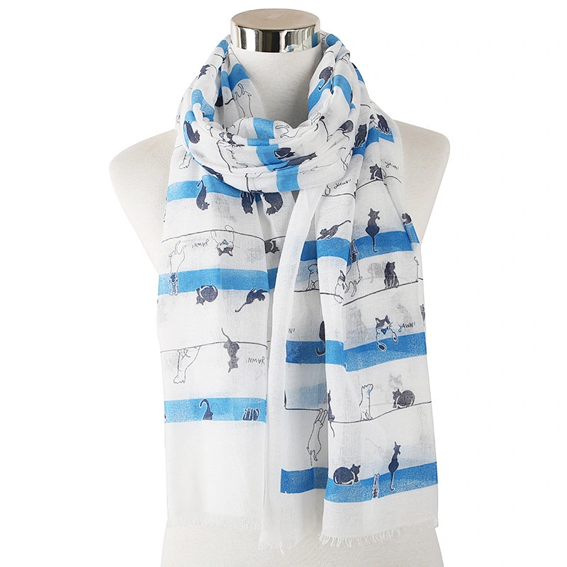New Fresh Style Japanese Korean Striped Cat Animal Polyester Scarf Large Size Travel Sunscreen Shawl