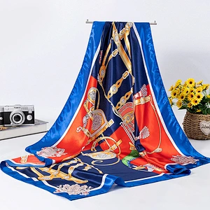 Crown print simulation silk large sunscreen scarf wild ladies 90x90 satin silk square scarf