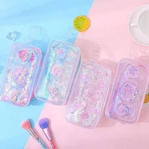 Fashion Floating Shiny Holographic Liquid Quicksand Glitter Makeup Cosmetic Bag Crystal Pencil Case