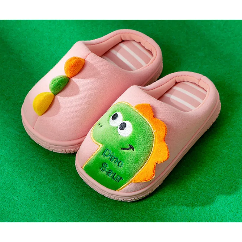 Custom Plush Kids Cute Dinosaur Indoor Slippers Cartoon Thermal Slippers Winter Plush Dinosaur Slippers