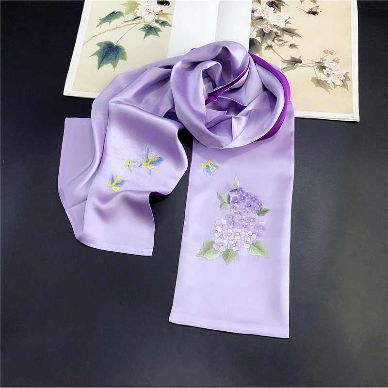 2020 Hot-Selling Embroidered Silk Scarf Gift 35*155CM Handmade Double Layer Embroidered Silk Scarf