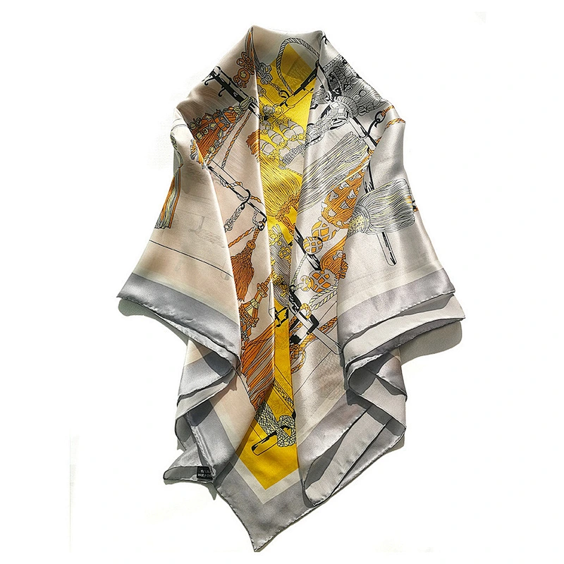 New Design Shawl Scarf 110*110 Cm Head Hijab Tassel Pattern Printing Large Square Twill Silk Scarf For Women Wholesale