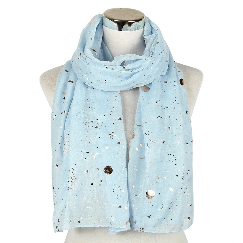 Cheap wholesale breathable Gold stamping star moon custom polyester voile scarf