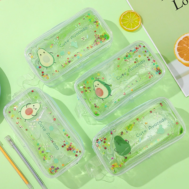 Cute Cartoon Peach Transparent Quicksand Pencil Case Avocado Portable Cosmetic Bag Pencil Case