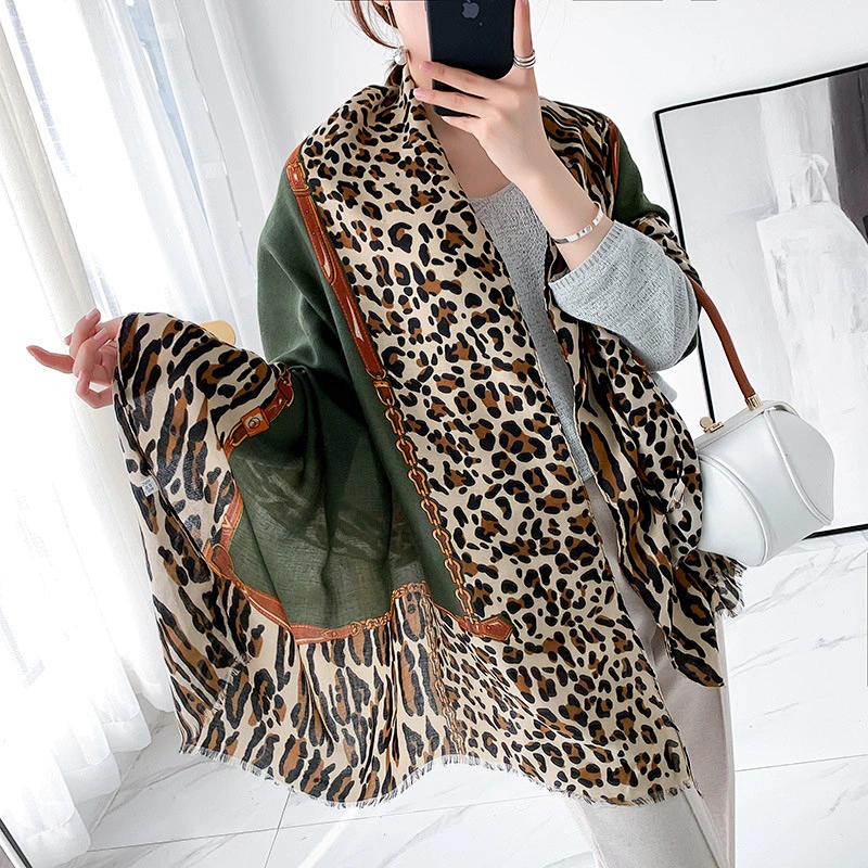 2020 Autumn Winter Thin Female Leopard Stitching Fashion Cotton Hemp Leopard Print Scarf Shawl