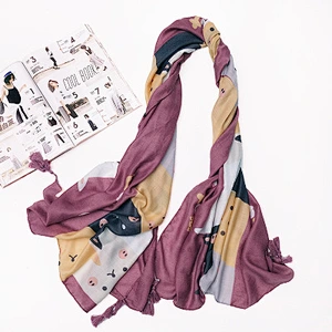 Spring and autumn childlike cute cat printed scarf female retro cotton and linen feel long shawl dual-use