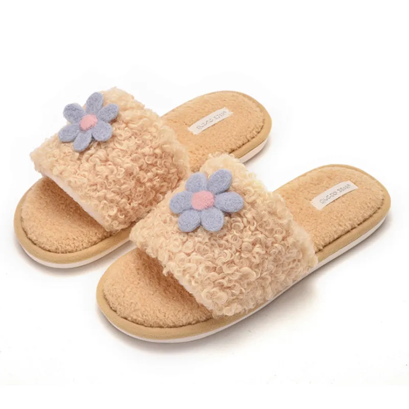 2020 Autumn Winter New Candy Color Korean Home Casual Flower Girl Plush Slippers
