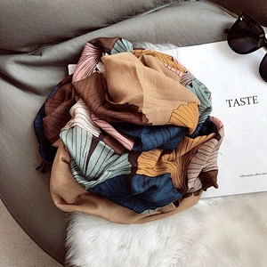 Cotton And Linen Feel Fashionable Retro Ginkgo Printing Fringed Scarf Long Scarf Shawl