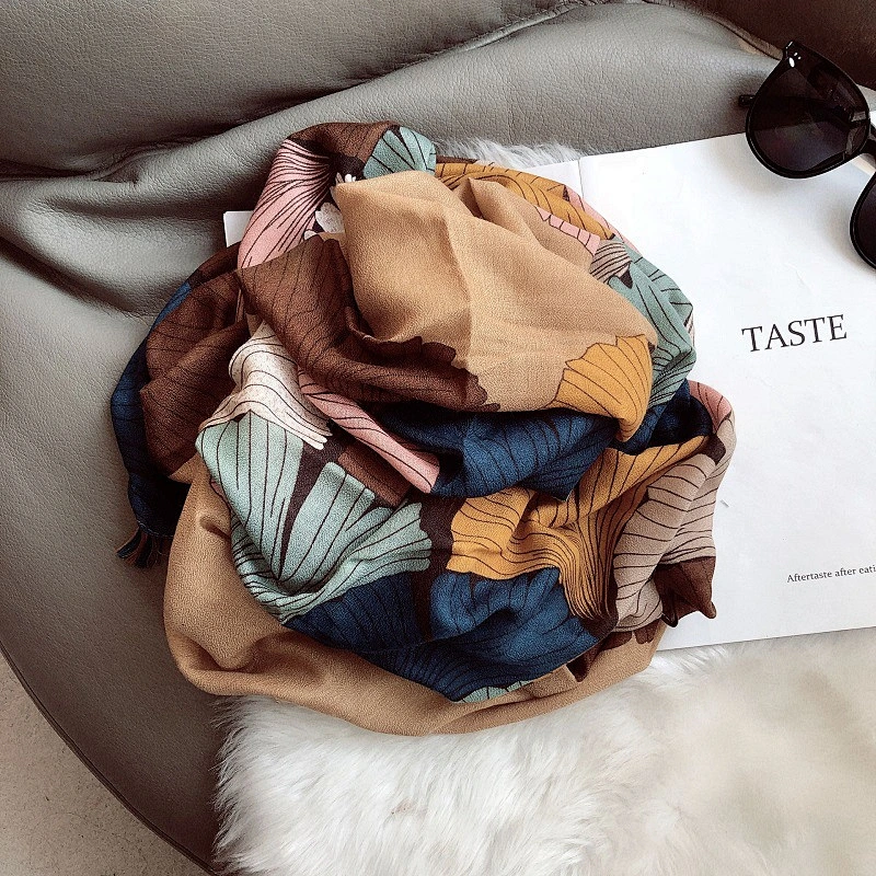 Cotton And Linen Feel Fashionable Retro Ginkgo Printing Fringed Scarf Long Scarf Shawl
