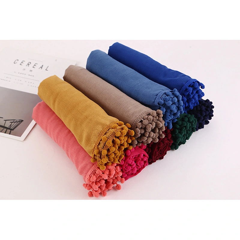 Factory direct tie-dye cotton and linen fight monochrome hair ball muslims cotton shawls hijab scarf