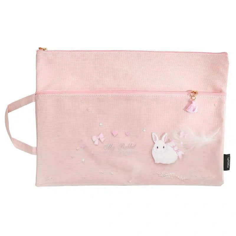 Korea Creative Candy Rabbit Oxford Cloth File Bag Cute Cartoon Double Zipper Pupils Book Pencil Bag