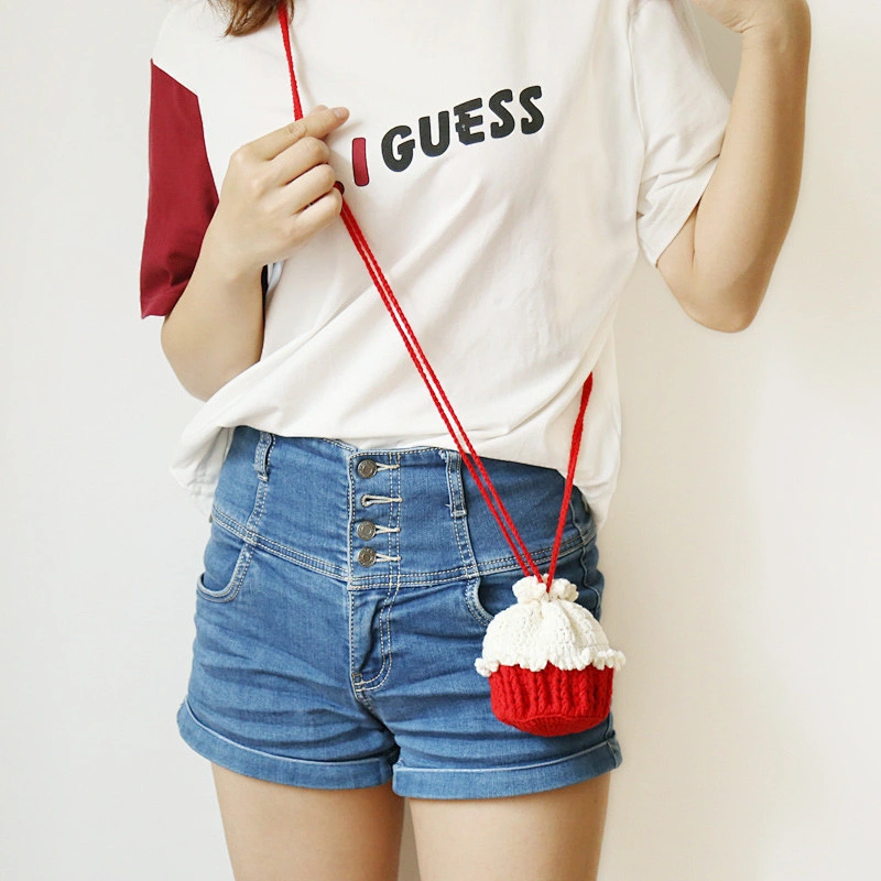 Crochet Braid Cotton Rope Drawstring Shoulder Bag Handmade Cake Shape Beach Straw Crossbody Bag