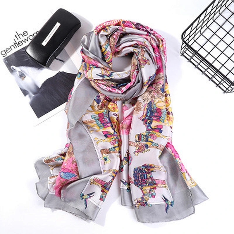 Spring and summer new ladies color contrast camel retro design printed silk sunscreen shawl scarf