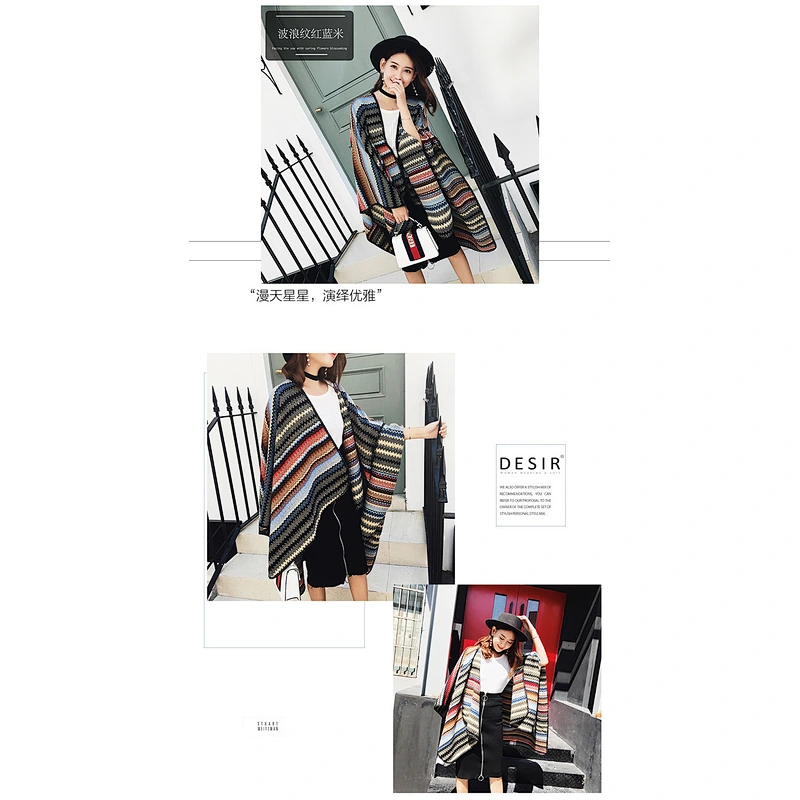 Autumn Winter New Korean Style Literary Wave Stripe Split Scarf Thick Warm Big Shawl Fashion Cloak Jacket Women