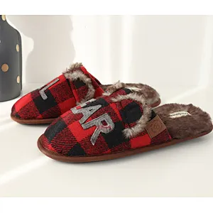 british checkered knitted warm plush cotton slippers men's women's waterproof non-slip mute home shoes