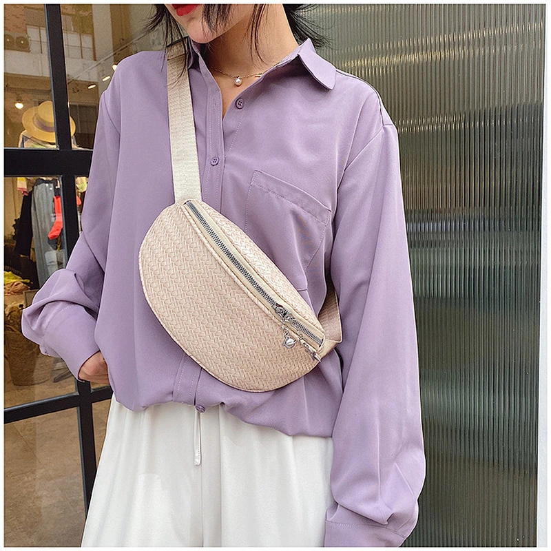 New Fashion Women'S Sports Waist Bag Korean Geometric Pattern PU Solid Color Shoulder Crossbody Bag