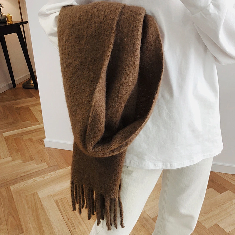 Solid Color Comfortable Mohair Padded Scarf Women Keep Warm Winter Double-Sided Long Shawl With Tassel