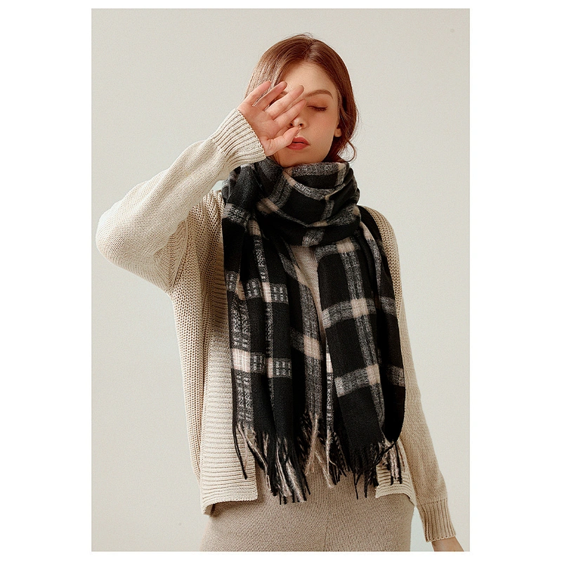 Plaid Scarf Thickened Warmth In Winter, Cashmere Scarf Female Western Style Scarf Shawl