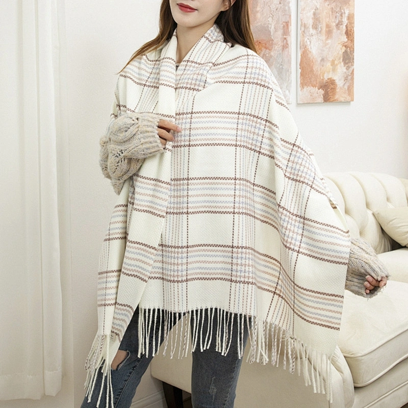 New Style Solid Lattice Stripes Alternation Long Scarf Wool Korean Design Winter Cashmere Shawl