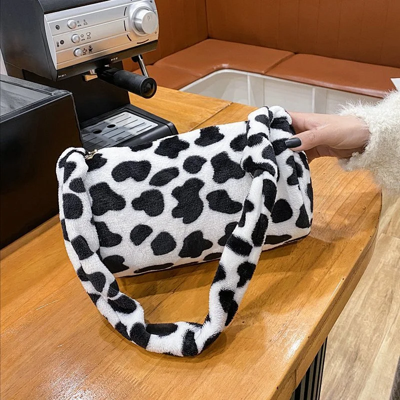 Retro Leopard Pattern Print Warm Fur Female Plush Crossbody Bag For Women Winter Shoulder Bags Handbag