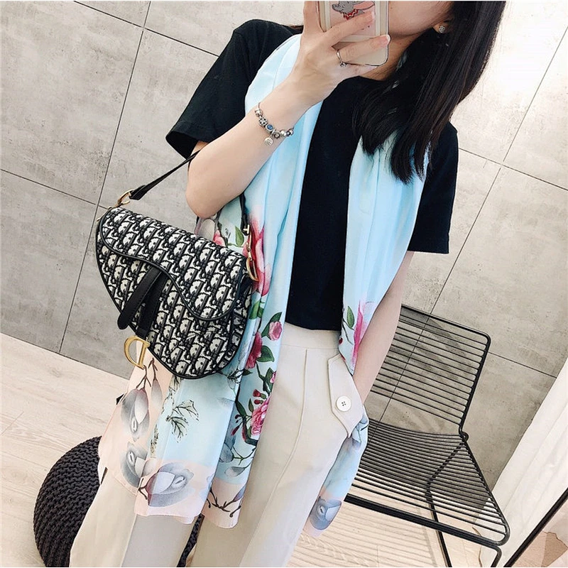 New Spring Summer Beach Scarves Ladies Travel Vacation Sunscreen Silk Scarf Big Flower Printing Long Shawl