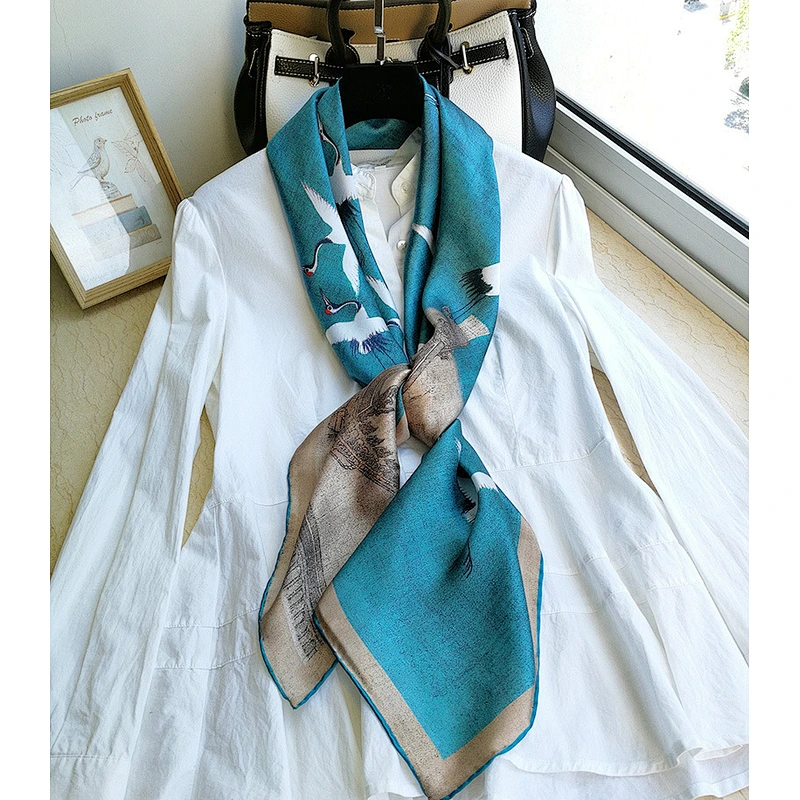 Ancient Calligraphy Painting Style Silk Scarf For Ladies Lightweight Square Silk Head Scarf