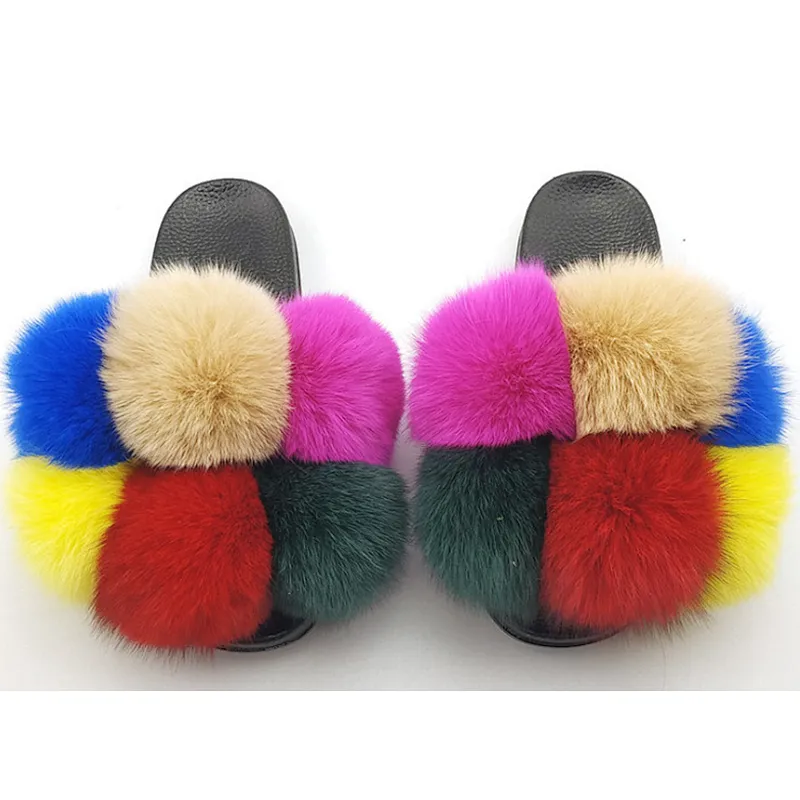 Wholesale Custom Logo Indoor Sandals Women Ladies Luxury Colorful Fluffy Fur Slipper