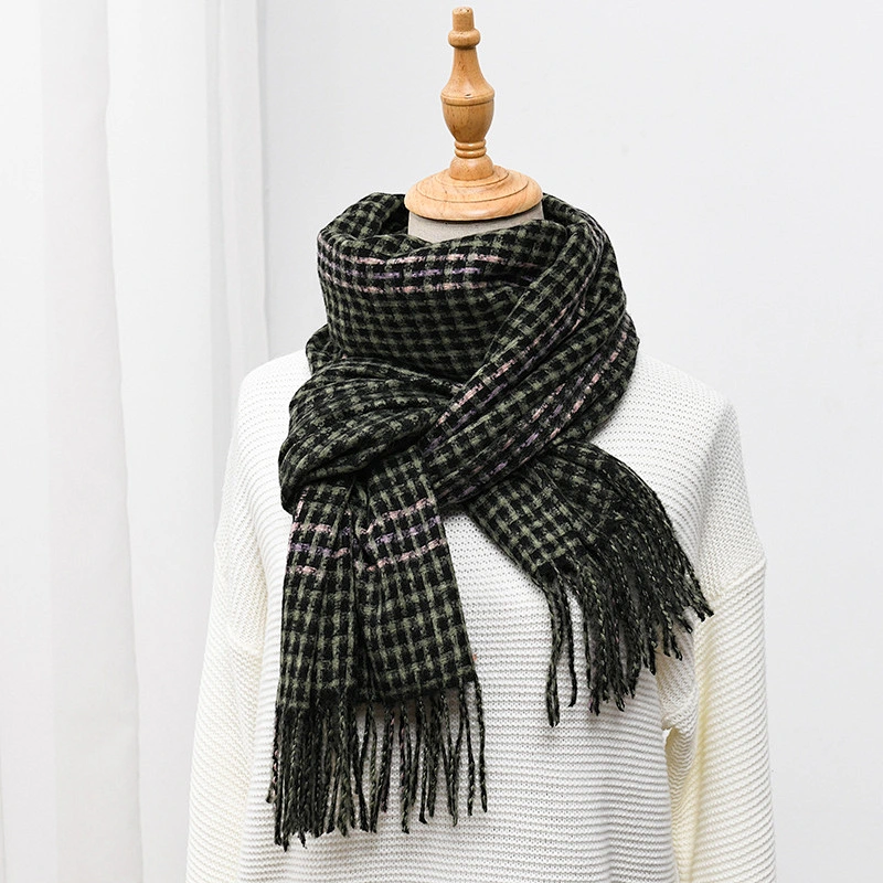 Autumn Winter Women'S New American Cashmere Scarf Warmth Tassel Shawl Color Grid Scarf