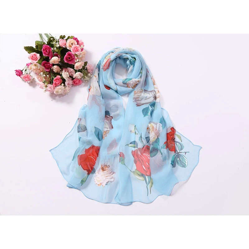 Summer sunscreen georgette scarf seaside beach towel wholesale long ladies rose printed scarf thin scarf