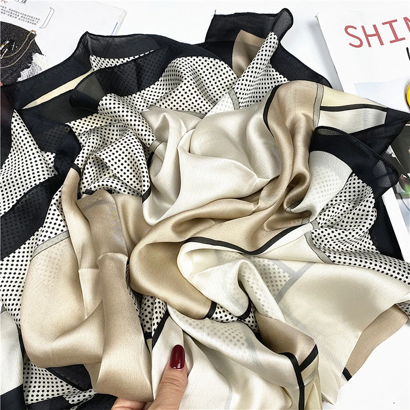 Large Size Summer Travel Sunscreen Ladies Scarf Korean Scarf Female Stitching Polka Dot Satin Printed Silk Scarf