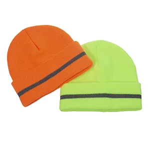 New Style Double-Layer Warm Woolen Hat With Curled Edge Fluorescent Color Reflective Strip Knitted Hat