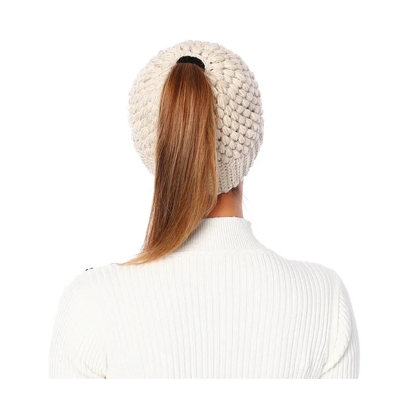Winter Ladies Pure Color Ponytail Knitted Hat Fashion Hollow Ear Protection Woolen Hat