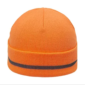 New Style Double-Layer Warm Woolen Hat With Curled Edge Fluorescent Color Reflective Strip Knitted Hat