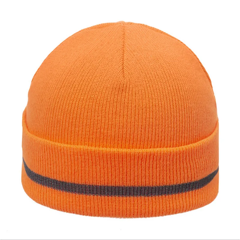 New Style Double-Layer Warm Woolen Hat With Curled Edge Fluorescent Color Reflective Strip Knitted Hat
